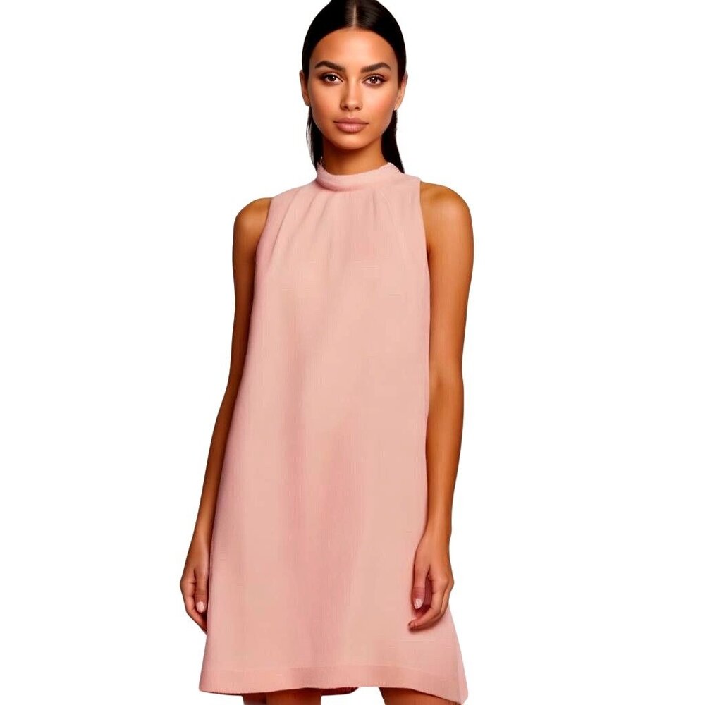 WAYF Peachy Pink Shift Ruffled Mock Neck Swing Sheer Baby Doll Dress Size M